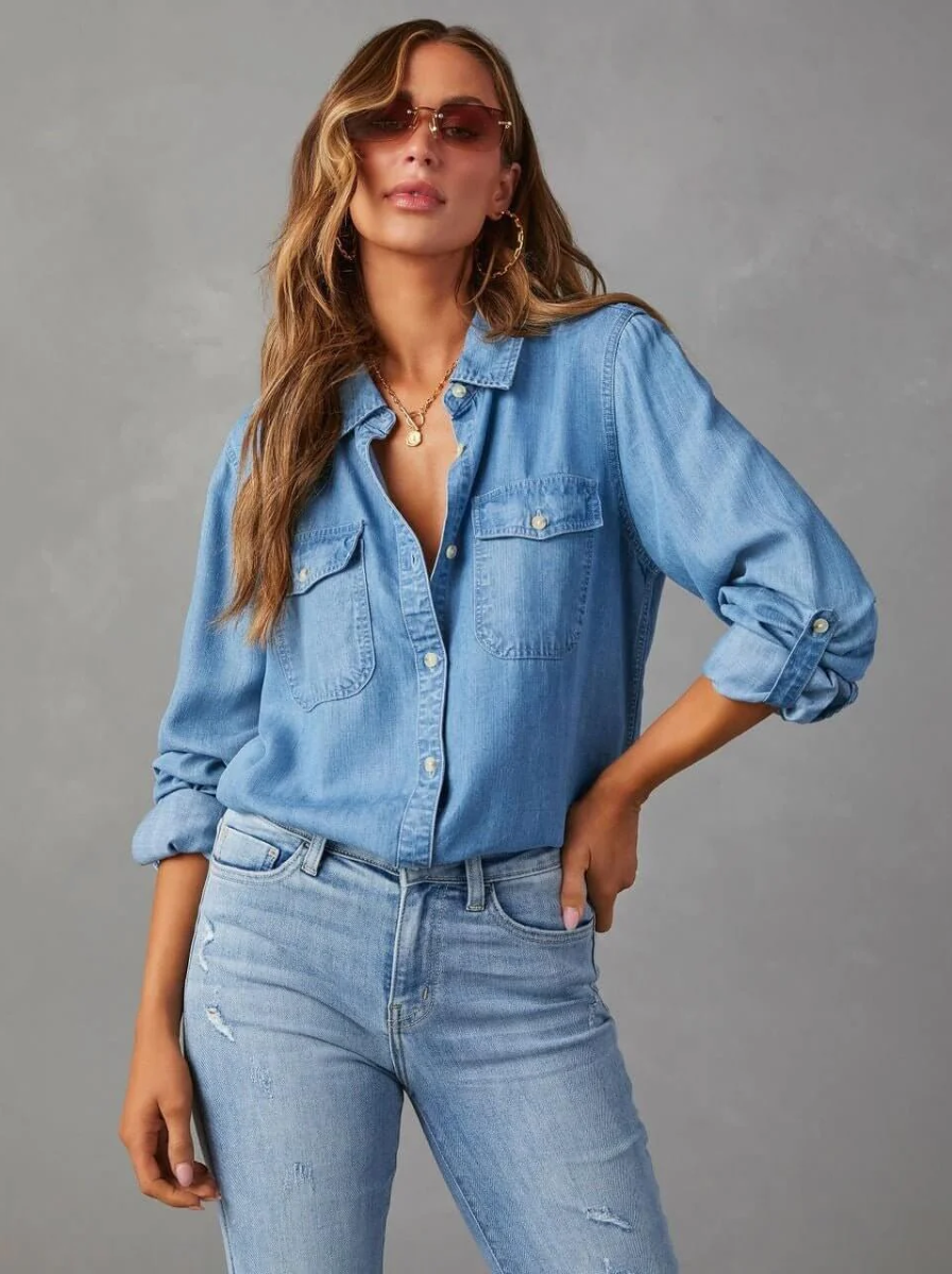 Chambray Denim Oversized Button Up Shirt Luxury Collection Exclusive