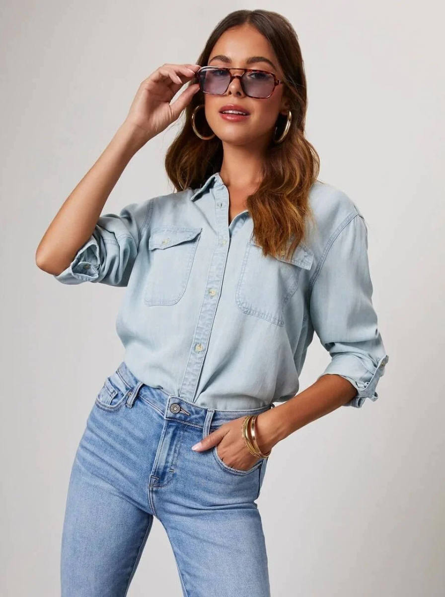 Chambray Denim Oversized Button Up Shirt Luxury Collection Exclusive