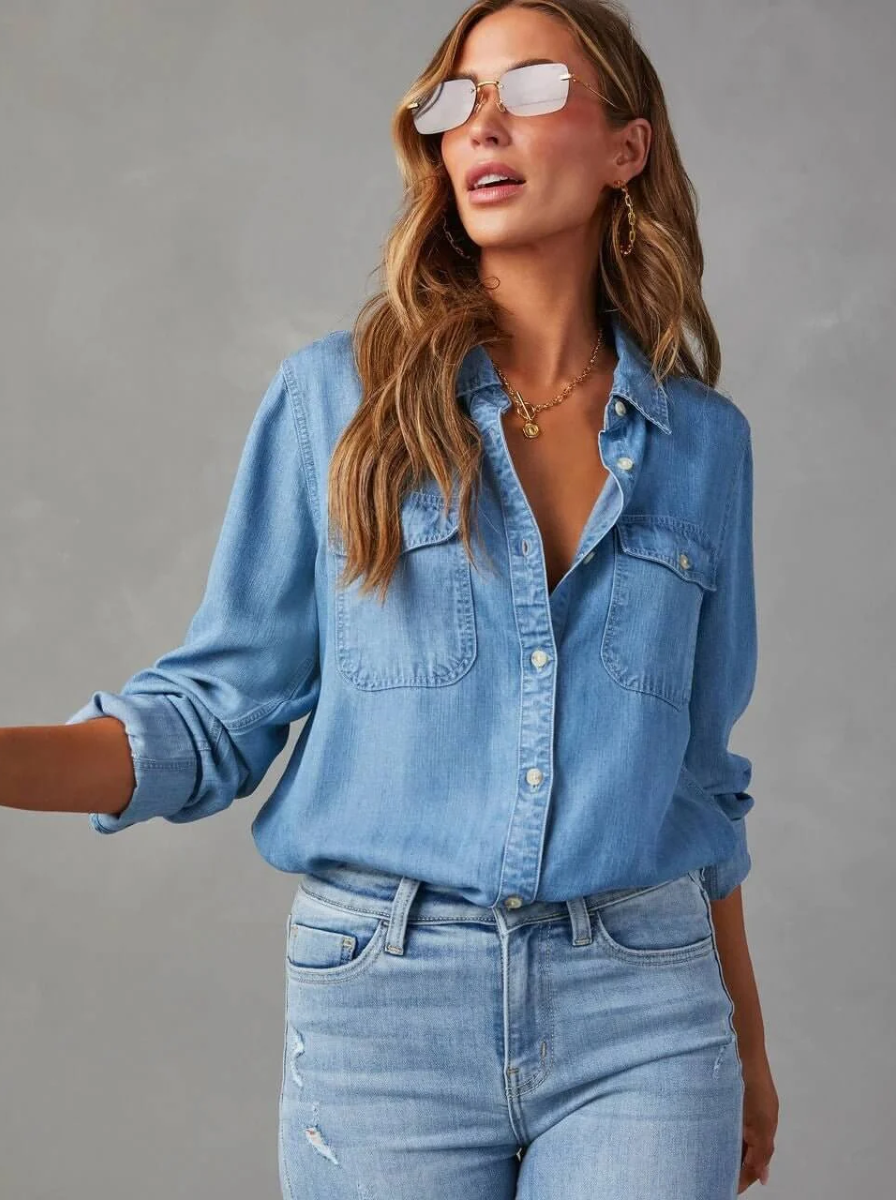 Chambray Denim Oversized Button Up Shirt Luxury Collection Exclusive