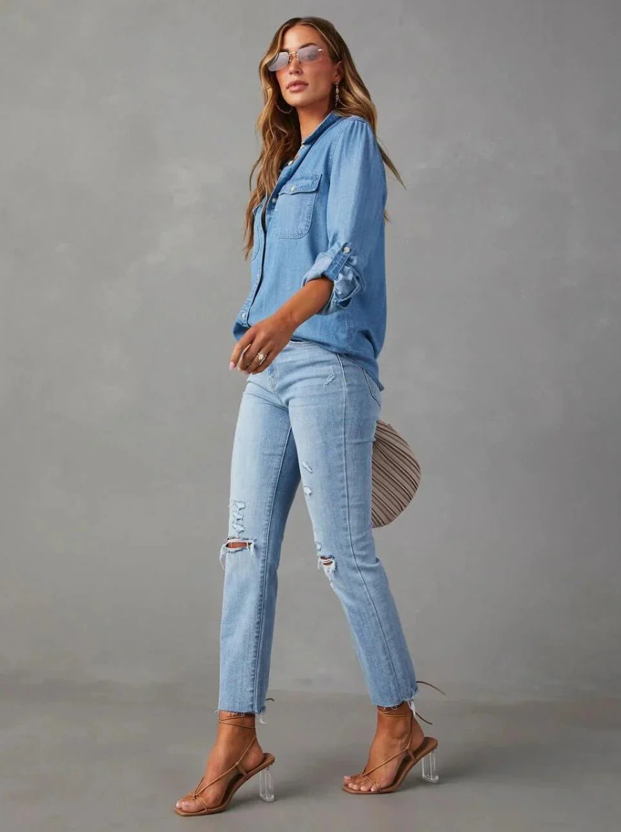 Chambray Denim Oversized Button Up Shirt Luxury Collection Exclusive