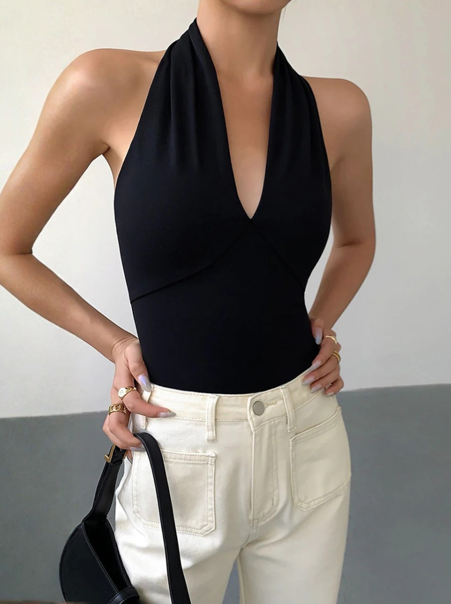 V-Neck Halter Tank Open Back Sleeveless Top For Capsule Collection