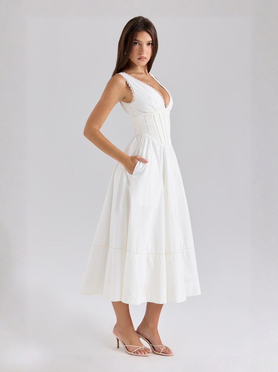 White Crochet Lace Corset Midi Dress With Open Back Limited Edition
