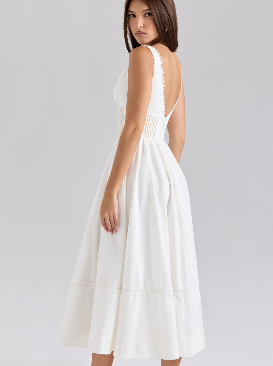 White Crochet Lace Corset Midi Dress With Open Back Limited Edition