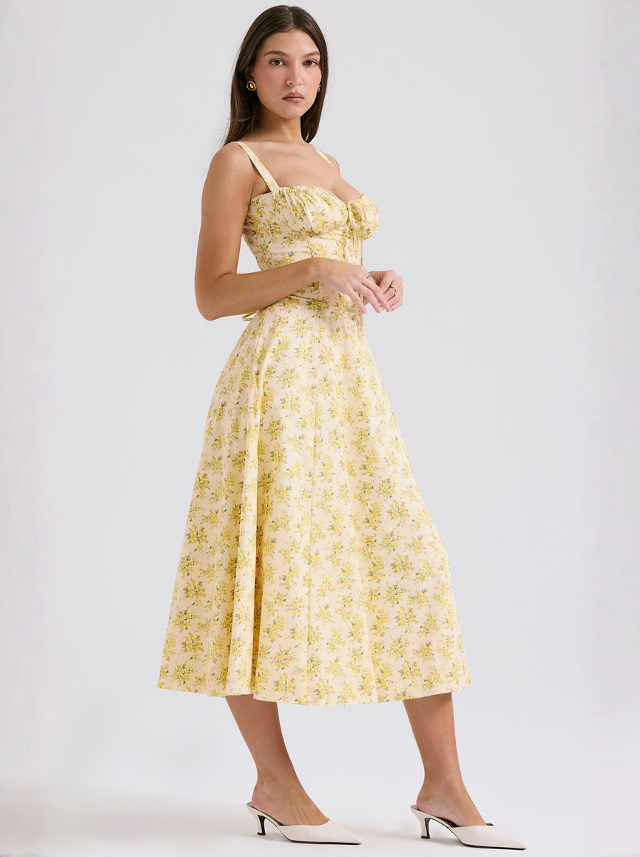 Crisp Cotton Floral Midi Dress Sunshine Yellow Limited Edition