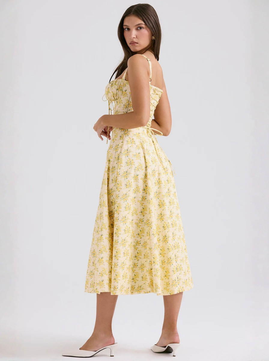 Crisp Cotton Floral Midi Dress Sunshine Yellow Limited Edition