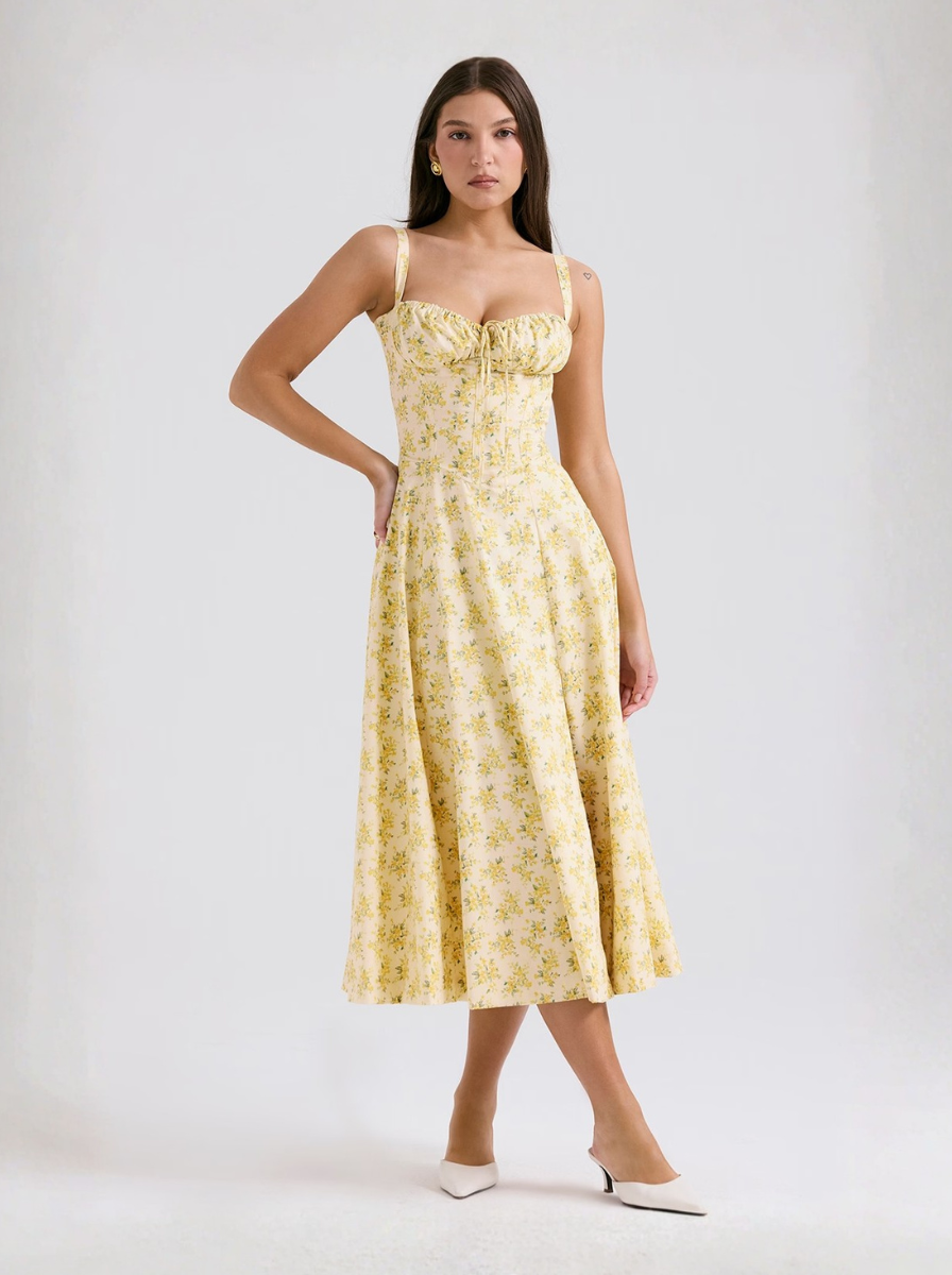 Crisp Cotton Floral Midi Dress Sunshine Yellow Limited Edition