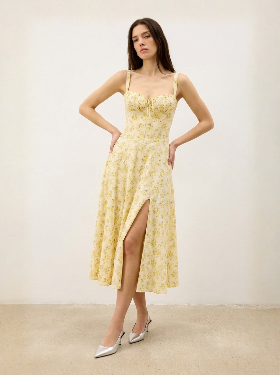 Crisp Cotton Floral Midi Dress Sunshine Yellow Limited Edition